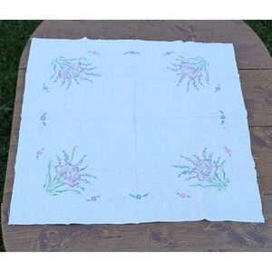 Vintage Linen Embroidered Tablecloth Floral Cottage Core 34" x 34" GrandmaCore